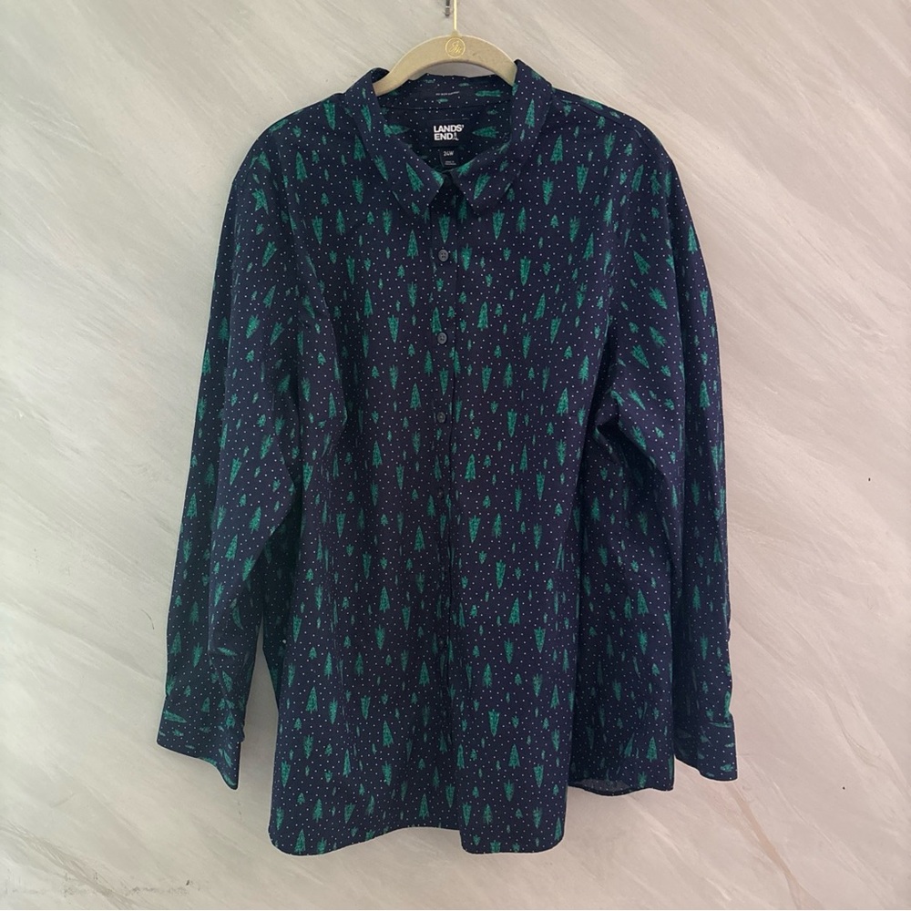 Lands’ End 24W Blue/White Dots/ Christmas Trees Long Sleeve Button Up Blouse